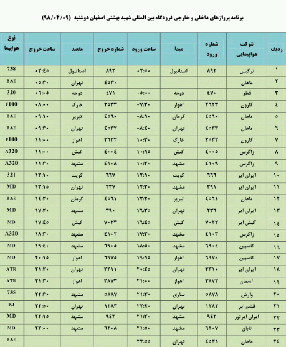 اعلام برنامه پروازهای فرودگاه شهید بهشتی اصفهان اعلام برنامه پروازهای فرودگاه شهید بهشتی اصفهان