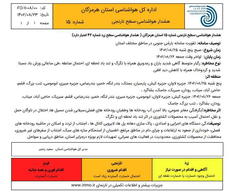 صدور هشدار سطح نارنجی هواشناسی در هرمزگان