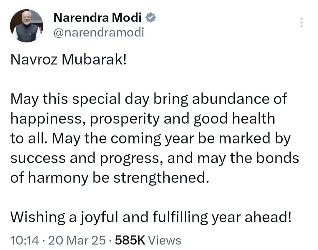 پیام تبریک نوروزی نخست وزیر هند