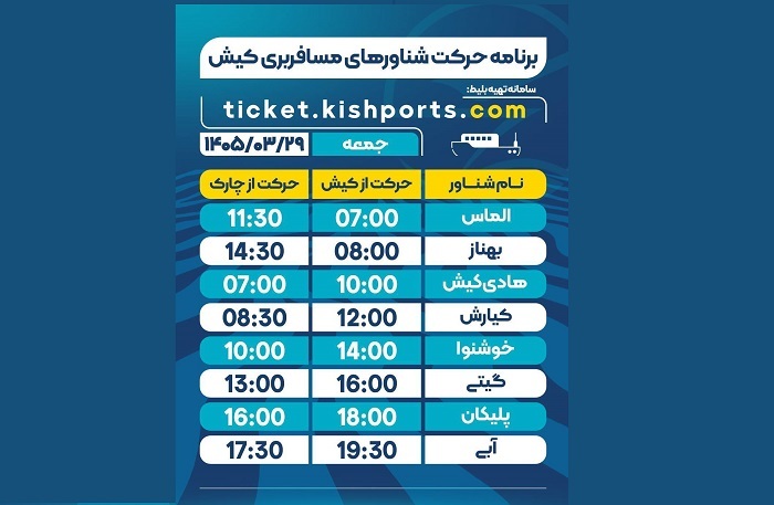 برنامه حرکت شناور‌های مسافربری و حمل خودرو کیش، جمعه ۲۹ خرداد